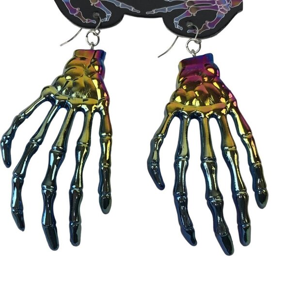 2 New Pair Skull N Bones Boney Fingers Dangle Earrings Hand Iridescent Halloween - Picture 3 of 6